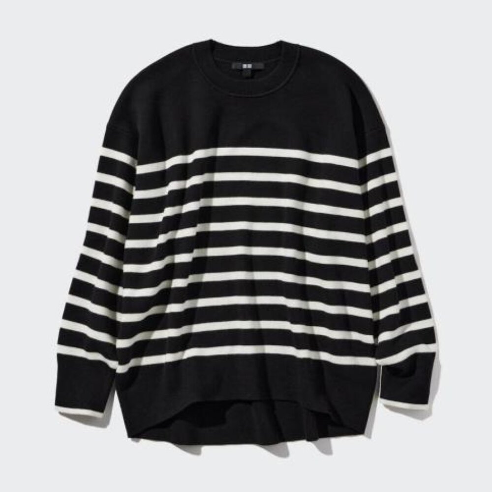 Uniqlo Smooth Cotton Relaxed Long Sleeve Crew Neck Sweater - Black and Cream